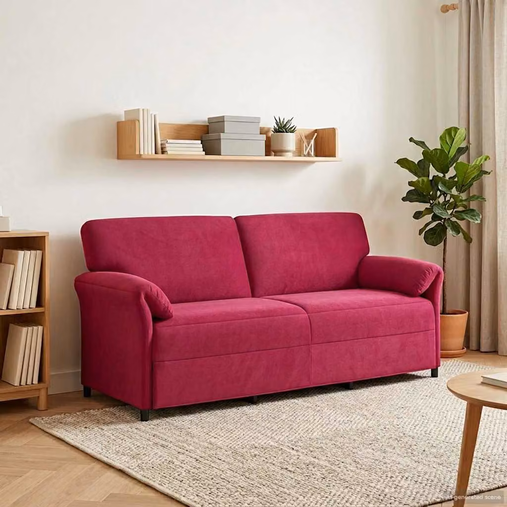 Divano 3 posti vidaXL in velluto rosso con cuscini, design moderno e struttura in metallo, L: 198 cm, P: 83 cm, H: 95 cm
