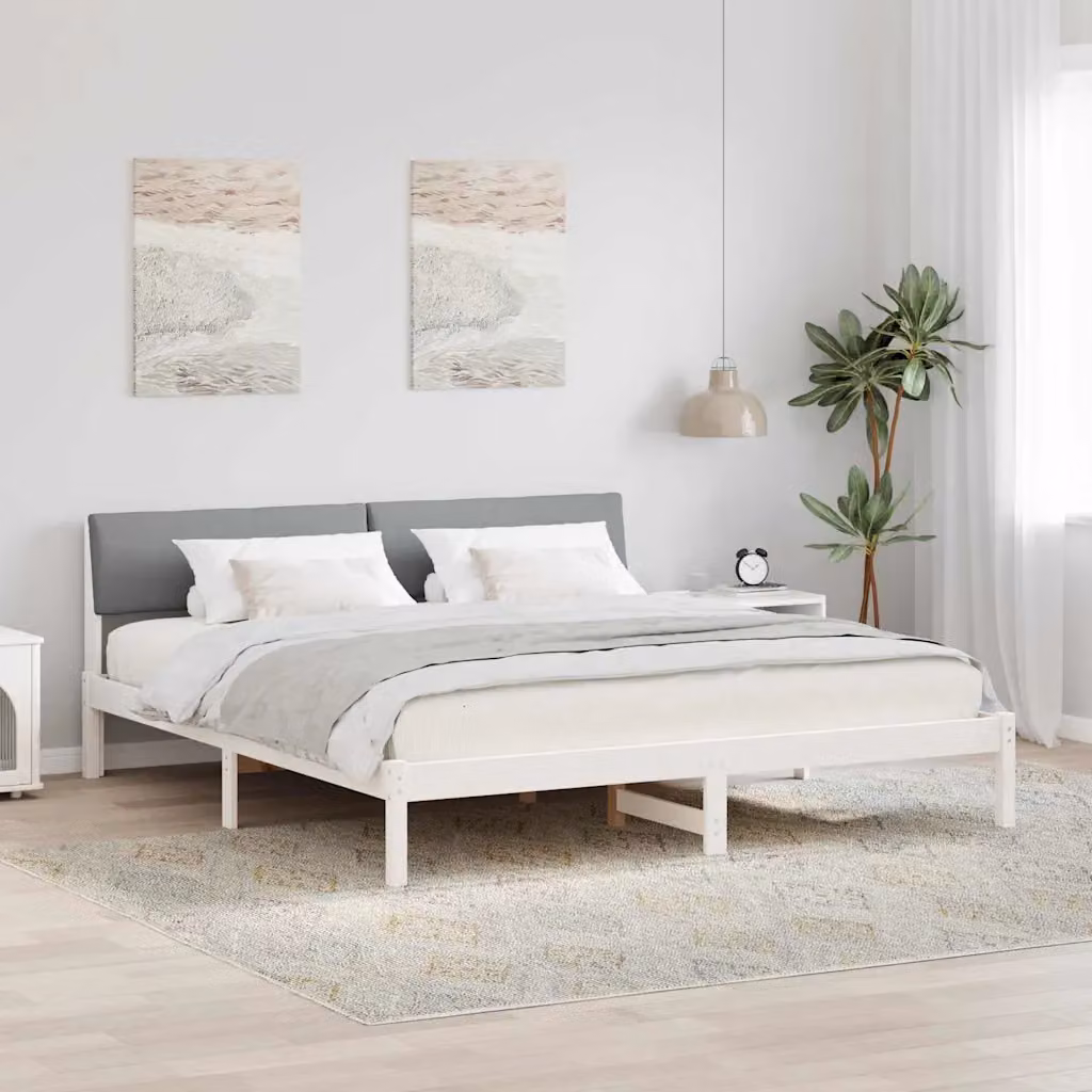 Struttura del letto moderna vidaXL in legno di pino e tessuto, Bianco e Grigio, 200 x 200 cm – 1