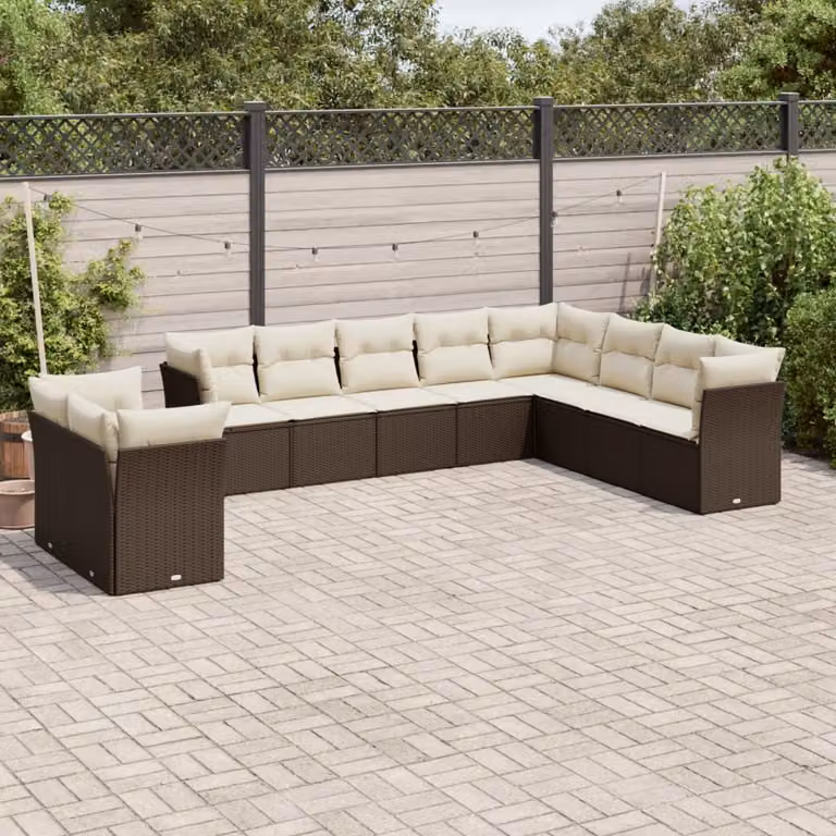 Set di Divani da Giardino vidaXL a Forma di L con Cuscini, Struttura in Metallo e Polyrattan Marrone e Bianco