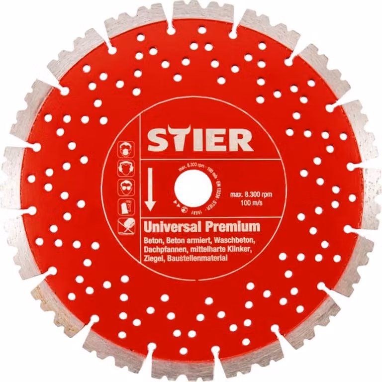 STIER disco diamantato versatile Universal Premium, diametro 300 mm e foro 20 mm, dentatura speciale per il taglio preciso di calcestruzzo e mattoni