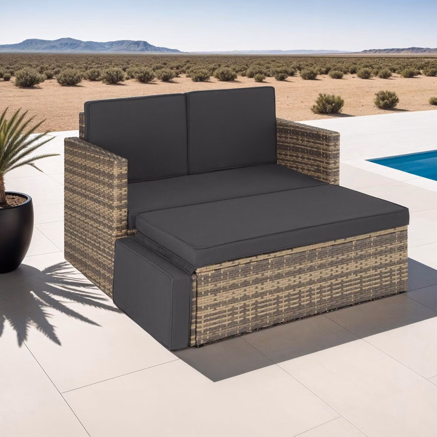 Divano lounge moderno Tectake con pouf e cuscini in rattan e metallo, colori beige, sabbia o grigio – 2