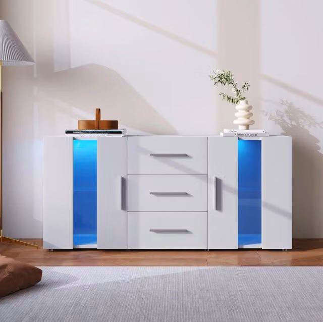 Madia porta TV con LED; 3 cassetti; 2 ante; MDF; 140 x 35 x 70 cm; bianca