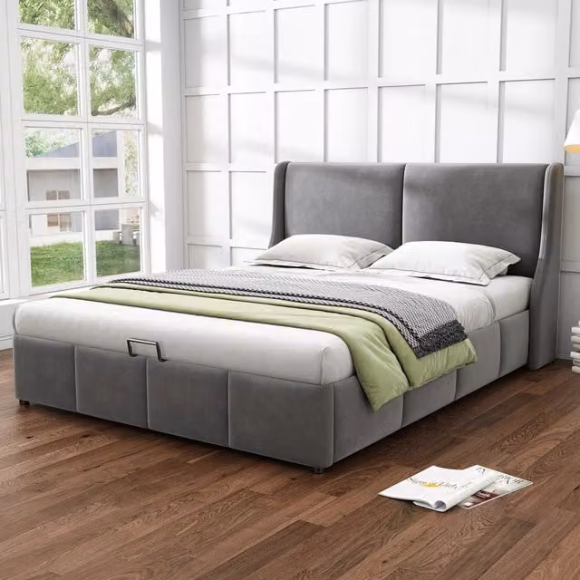 Letto matrimoniale contenitore 160×200 cm, 2 posti, con alzata idraulica, senza materasso, velluto grigio