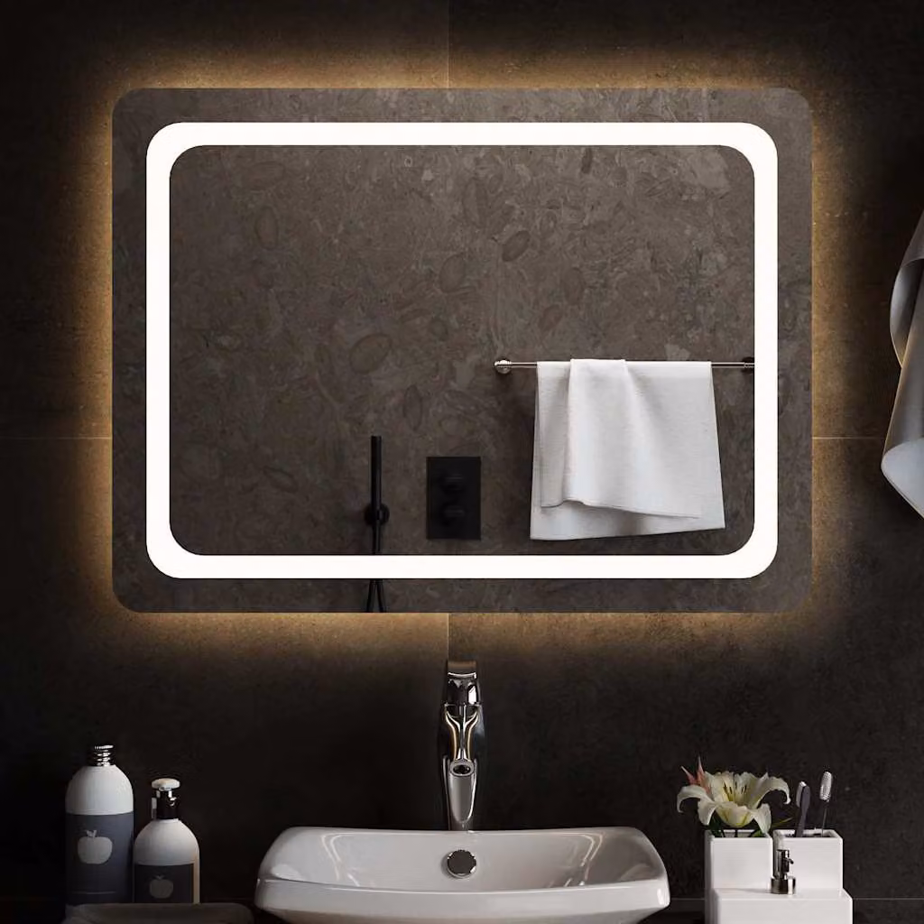Specchio da bagno rettangolare con luci LED vidaXL, colore grigio e trasparente, L: 80 cm, H: 60 cm