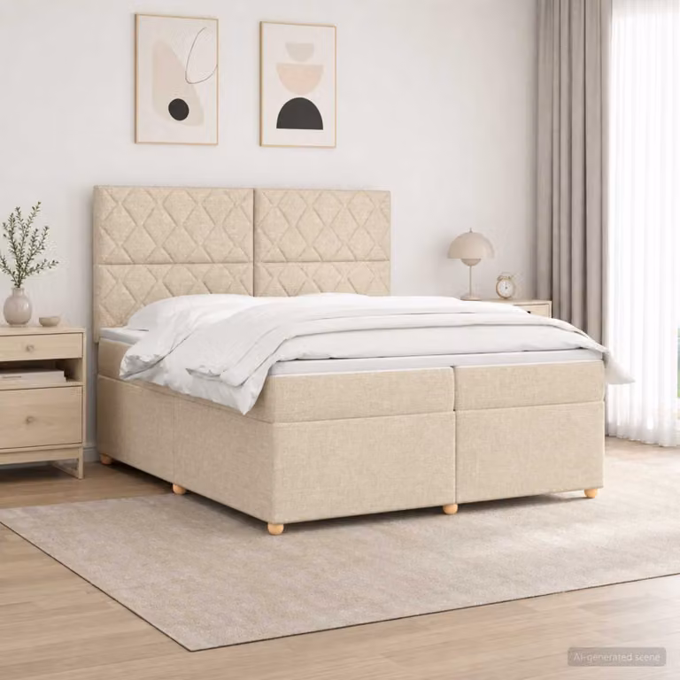 Letto box spring vidaXL con materasso a molle insacchettate, base con contenitore sollevabile, illuminazione sottostante e porta USB, colore beige/multicolore, L/P/H: 200 x 200 x 140,5 cm