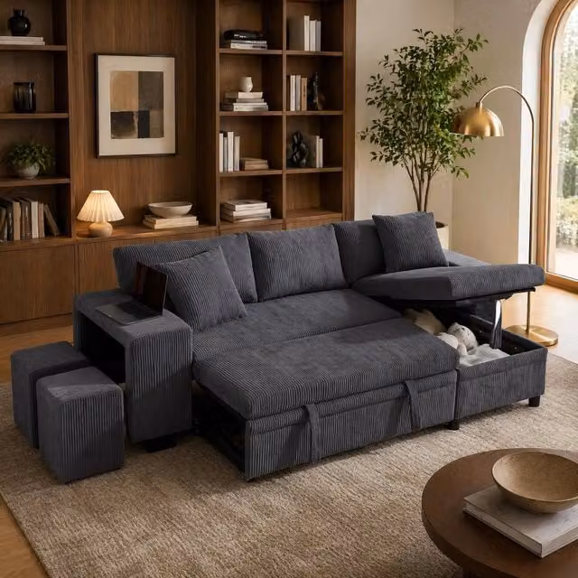 Divano letto angolare Mivray in velluto a coste grigio con vano contenitore e porte USB, modello moderno a L con seduta sinistra