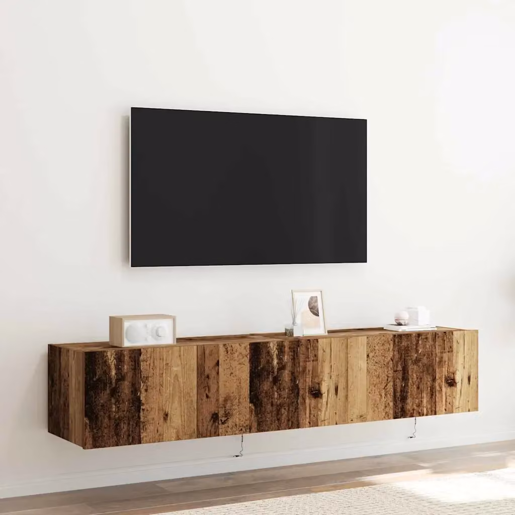 Mobile TV da parete con illuminazione LED integrata in legno vecchio marrone, L 80 x P 35 x H 31 cm – 2