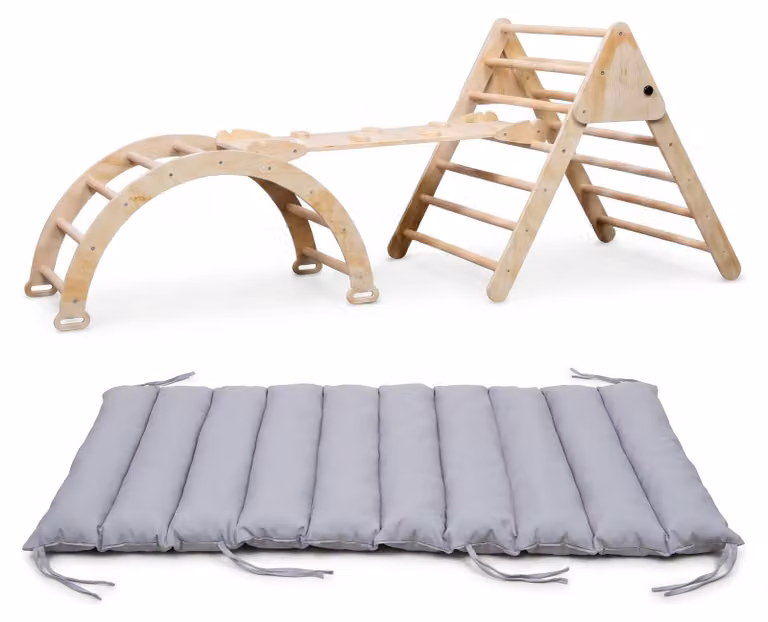 Struttura di arrampicata Buxibo XXL - Triangolo pieghevole + arco di arrampicata con cuscino + scivolo - Parco giochi montessoriano in legno - naturale - 210x83x81cm