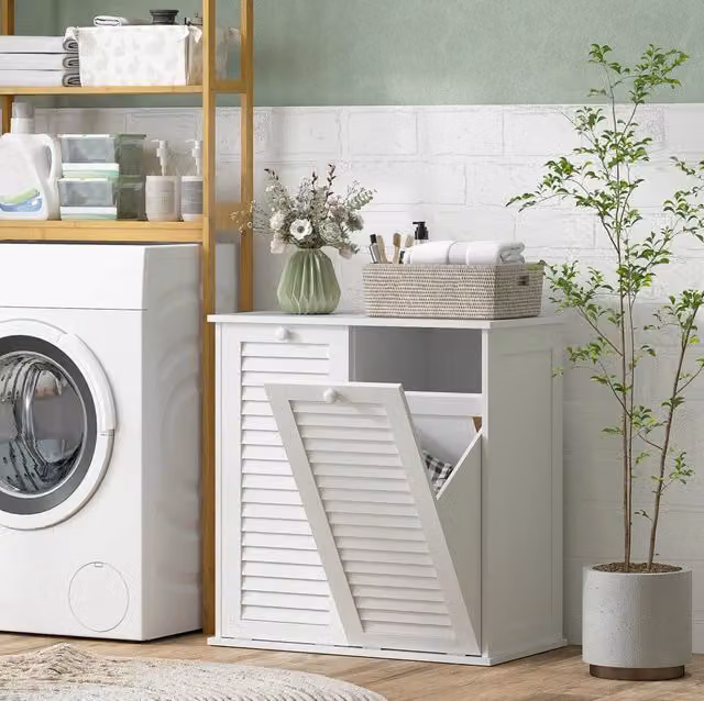 Armadio per biancheria con 2 cesti pieghevoli, mobile bagno bianco 70x38x73 cm con ante a lamelle e maniglie