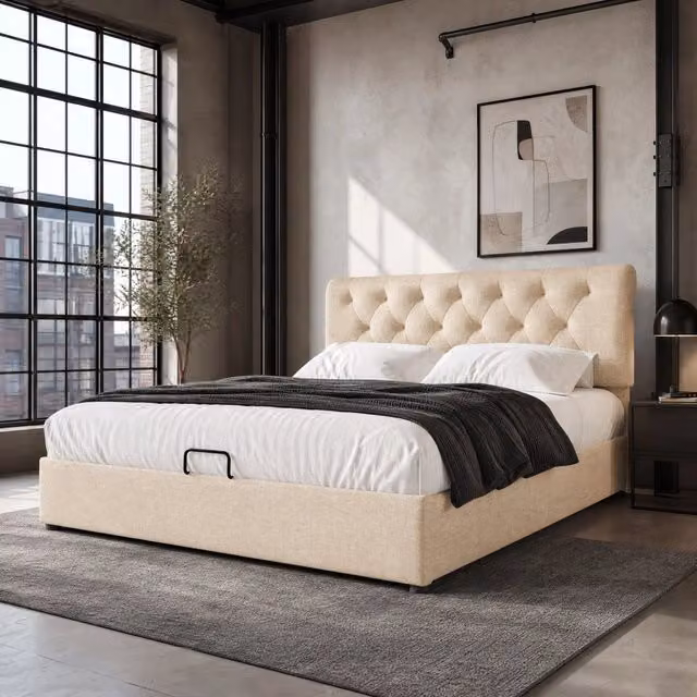 Letto matrimoniale 160x200 cm con contenitore; testiera regolabile; in lino naturale e metallo