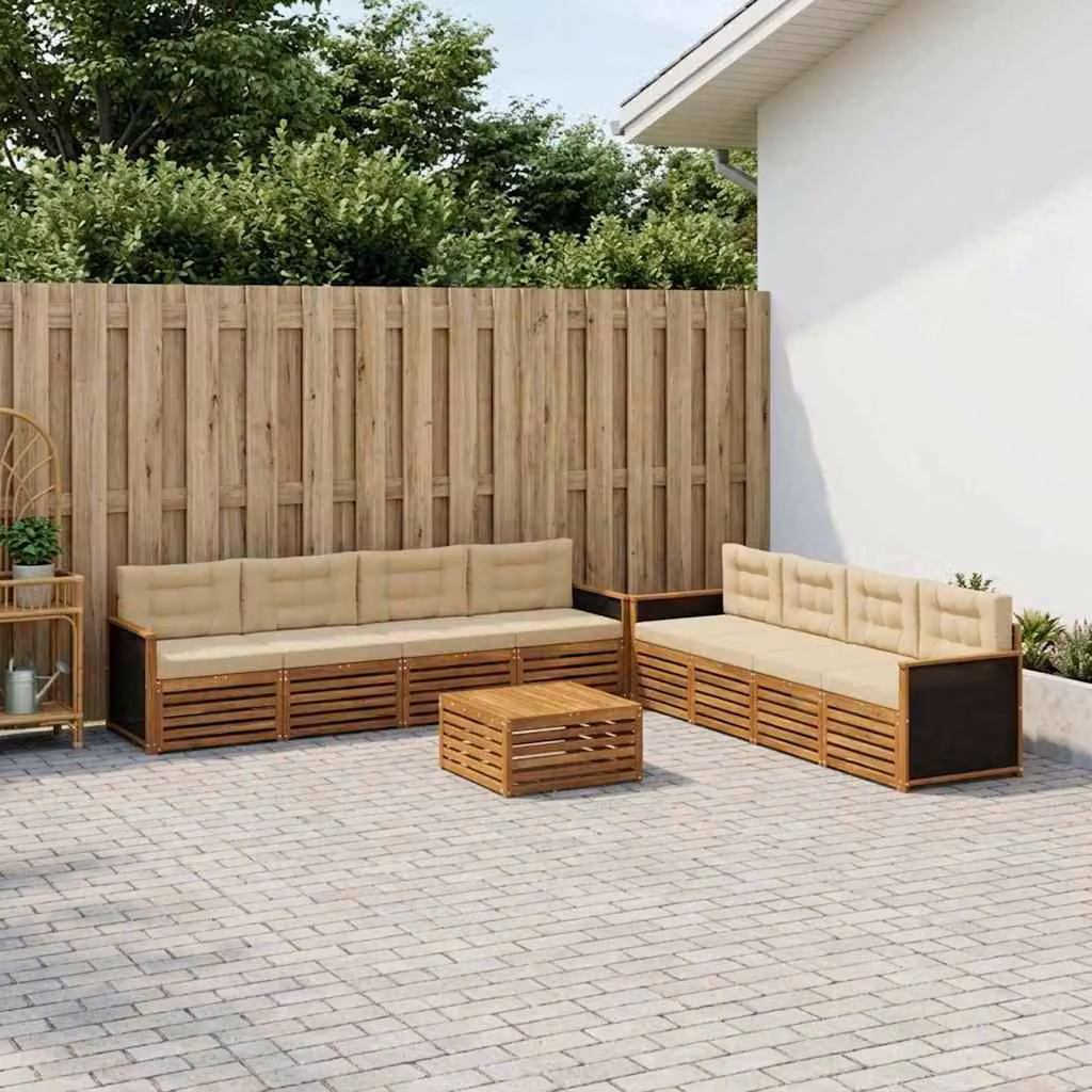 Set di divani da esterno vidaXL a forma di L composto da 9 pezzi con tavolo da caffè, in legno di acacia e tessuto beige e marrone