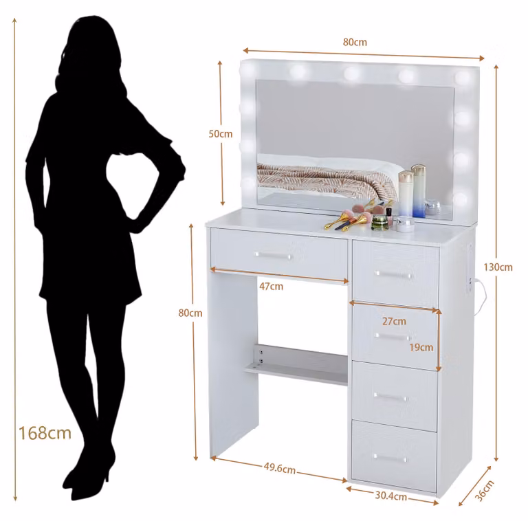 Comò con specchio a LED, bianco - 3 modalità di colore e luminosità regolabile - legno - design moderno e minimalista