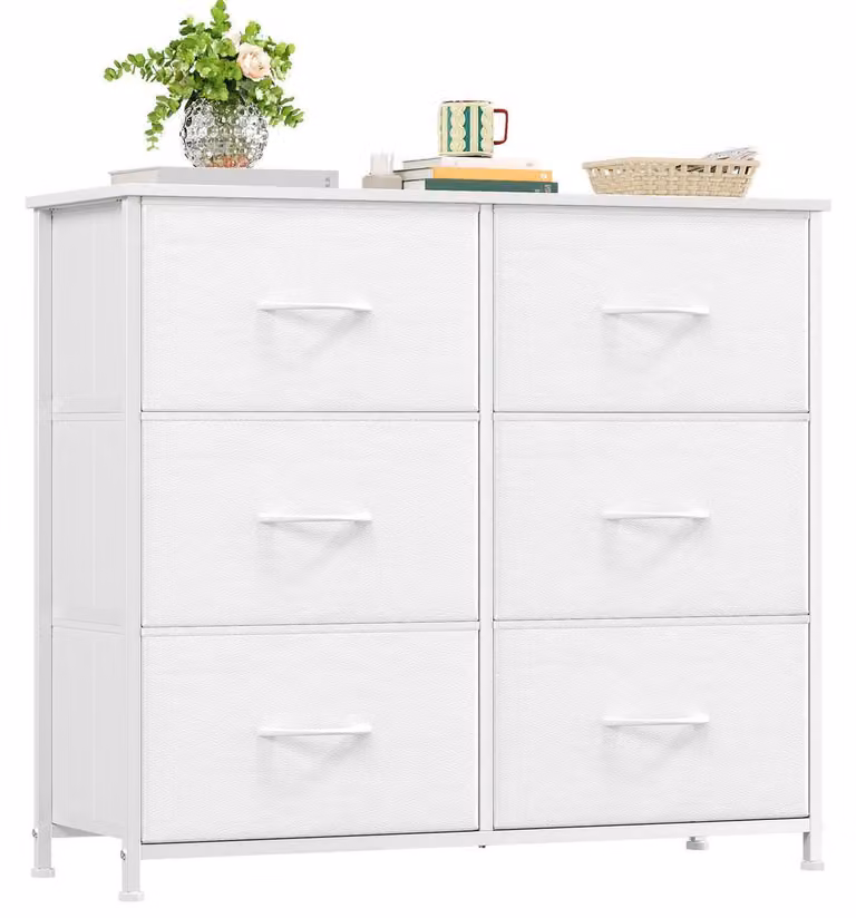 Comodino con 6 cassetti rivestiti in tessuto, colore bianco, dimensioni 80x30x71,5 cm