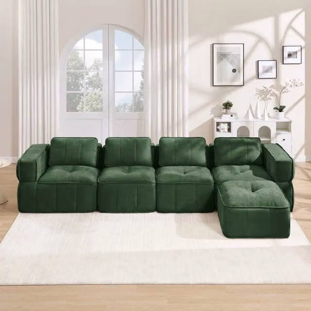 Divano angolare 4 posti con poggiapiedi ¨C Minimal ¨C verde tessuto morbido imbottito