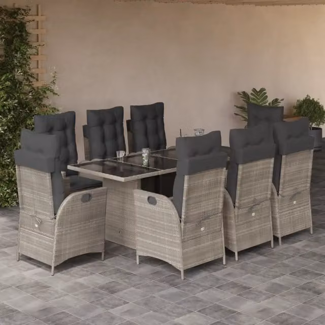 Set da pranzo da giardino vidaXL in polyrattan con piano in vetro, 9 pezzi, grigio antracite