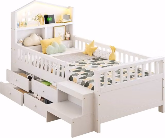 Letto per bambini 90x200 cm con 4 cassetti; LED; USB e USB-C; bianco