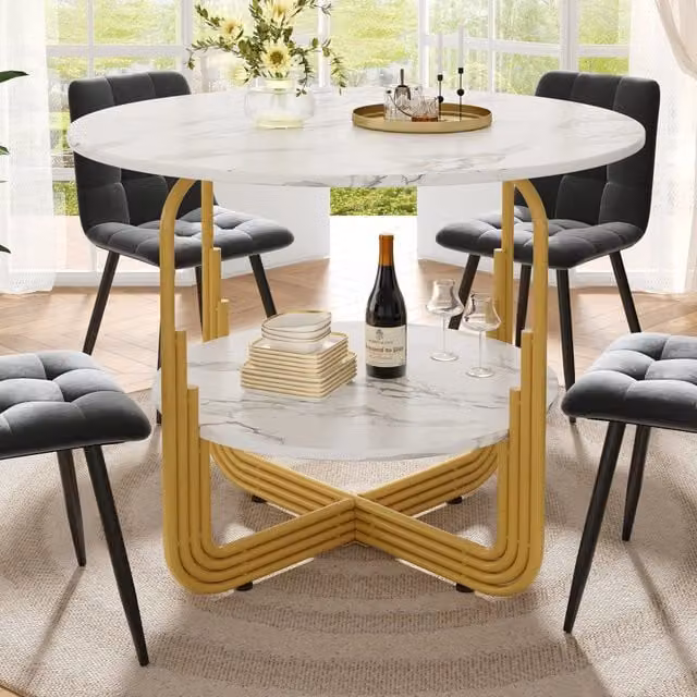 Tavolo da Pranzo Rotondo Minimal con Piano in MDF Effetto Marmo Bianco e Oro per 4 Persone L: 80 cm, P: 80 cm, H: 76 cm