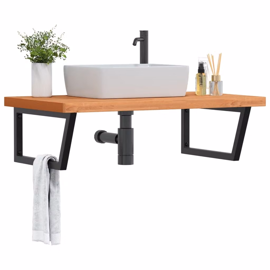 vidaXL Ripiano a Parete per Lavabo Moderno in Legno di Faggio e Metallo, Nero e Marrone, L: 60 cm, P: 3 cm, H: 60 cm