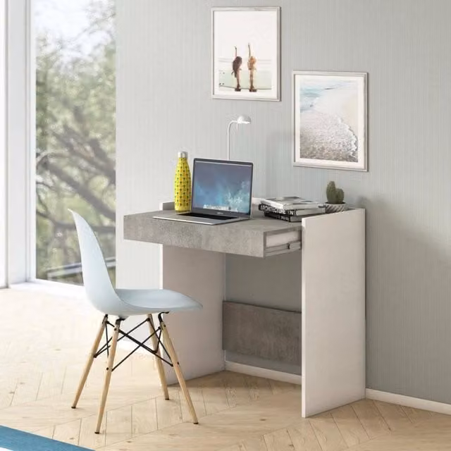 Scrivania Adri DMORA moderna con cassetto per ufficio o studio, Bianco e Cemento, L: 80 cm, P: 40 cm, H: 79 cm