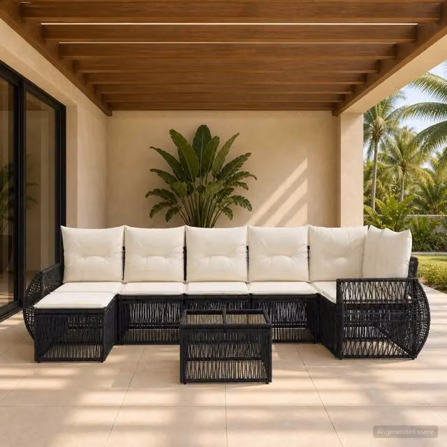 Set Divano da Giardino 8 Pezzi vidaXL in Polyrattan Nero e Bianco Crema con Cuscini e Tavolino