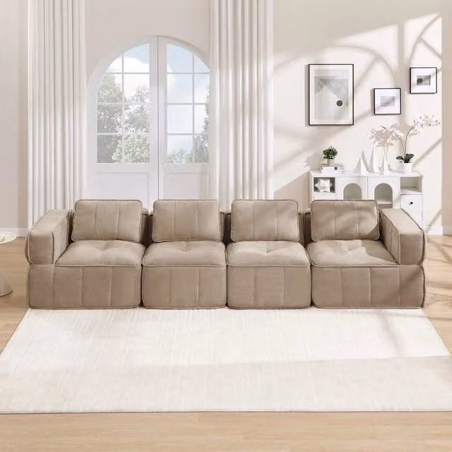 Divano 4 posti modulare ¨C Minimal ¨C Tessuto morbido grigio chiaro sabbia, senza montaggio