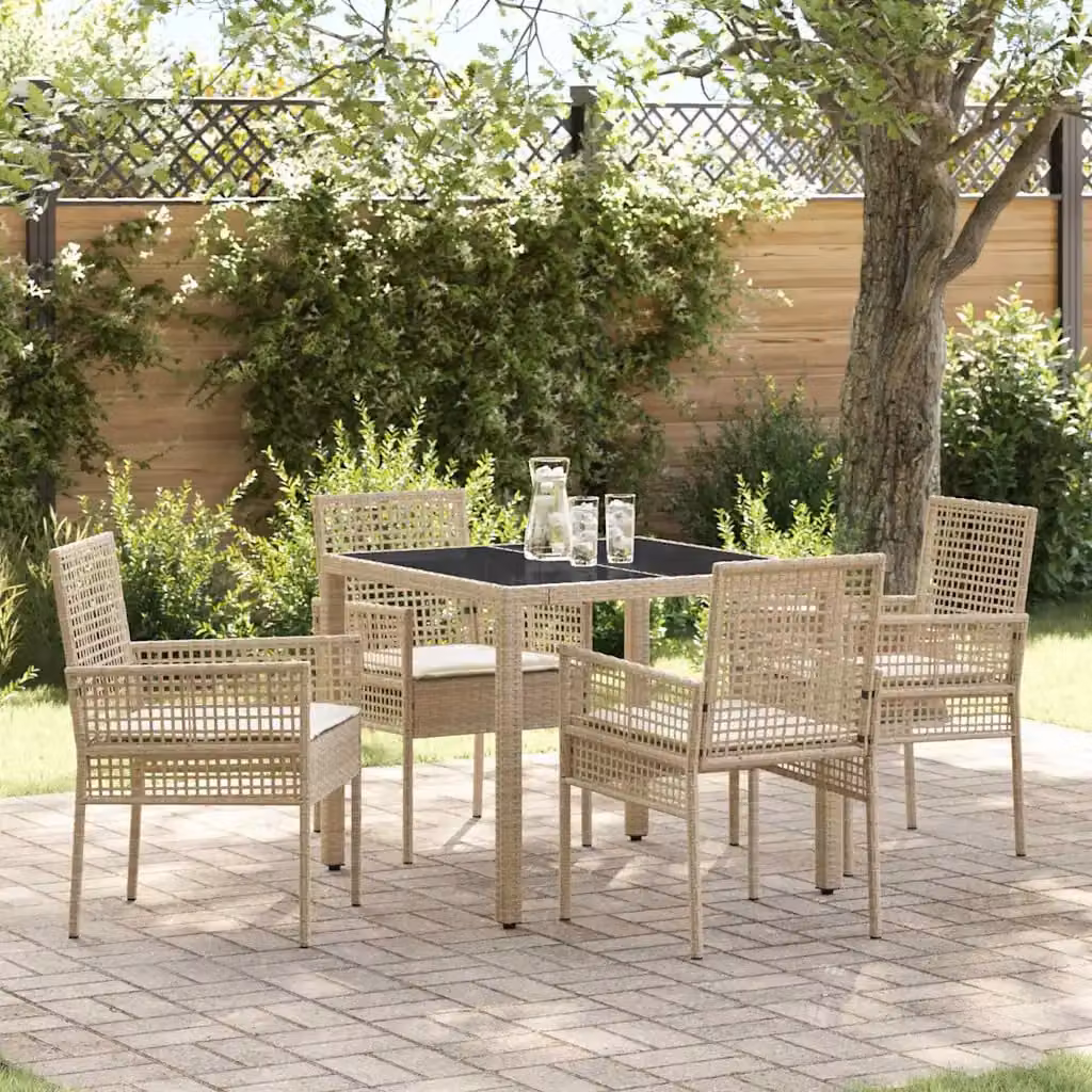 Set da pranzo per giardino e terrazzo vidaXL in 5 pezzi in polyrattan beige con tavolo in vetro