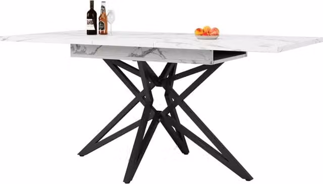 Tavolo da pranzo allungabile 120/160x80x76 cm; MDF e metallo; bianco; effetto marmo