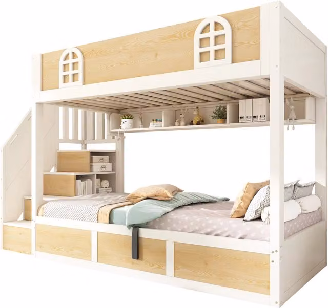 Letto a castello 90 × 200 cm 2 posti con contenitore e scala con ripiani, senza materasso, bianco naturale
