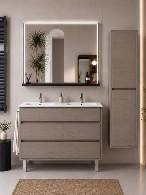 Mobile bagno con lavabo ORIGENBATH IMPERIA senza specchio 120x45 cm doppio lavabo rovere smoky con colonna