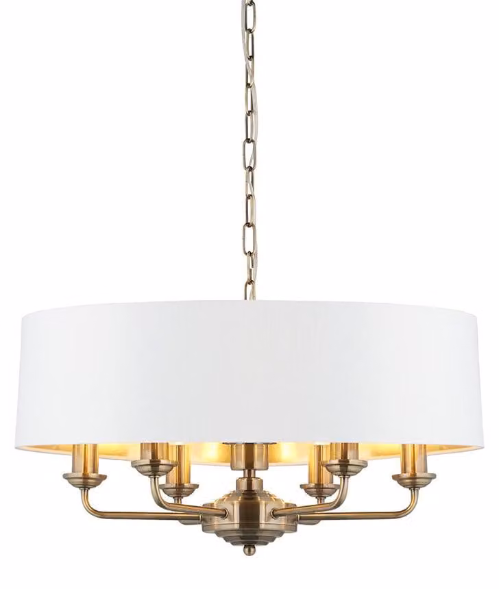 Lampada a sospensione HIGHCLERE in ottone anticato, 6xE14x15W, tessuto, dimensioni: 174x55x55 cm, IP20, Endon