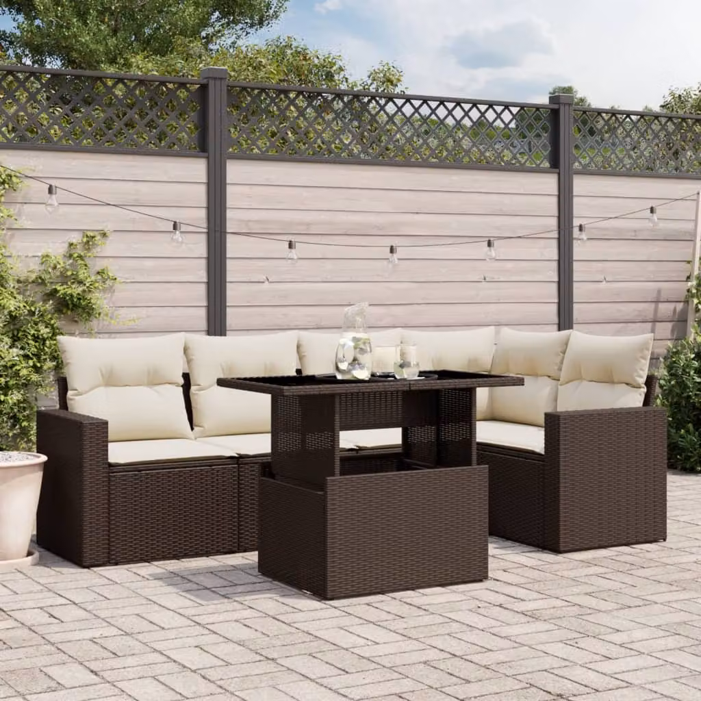 vidaXL Set Divano da Giardino 6 pz a Forma di L in Polyrattan Marrone con Cuscini Imbottiti e Tavolino – 1
