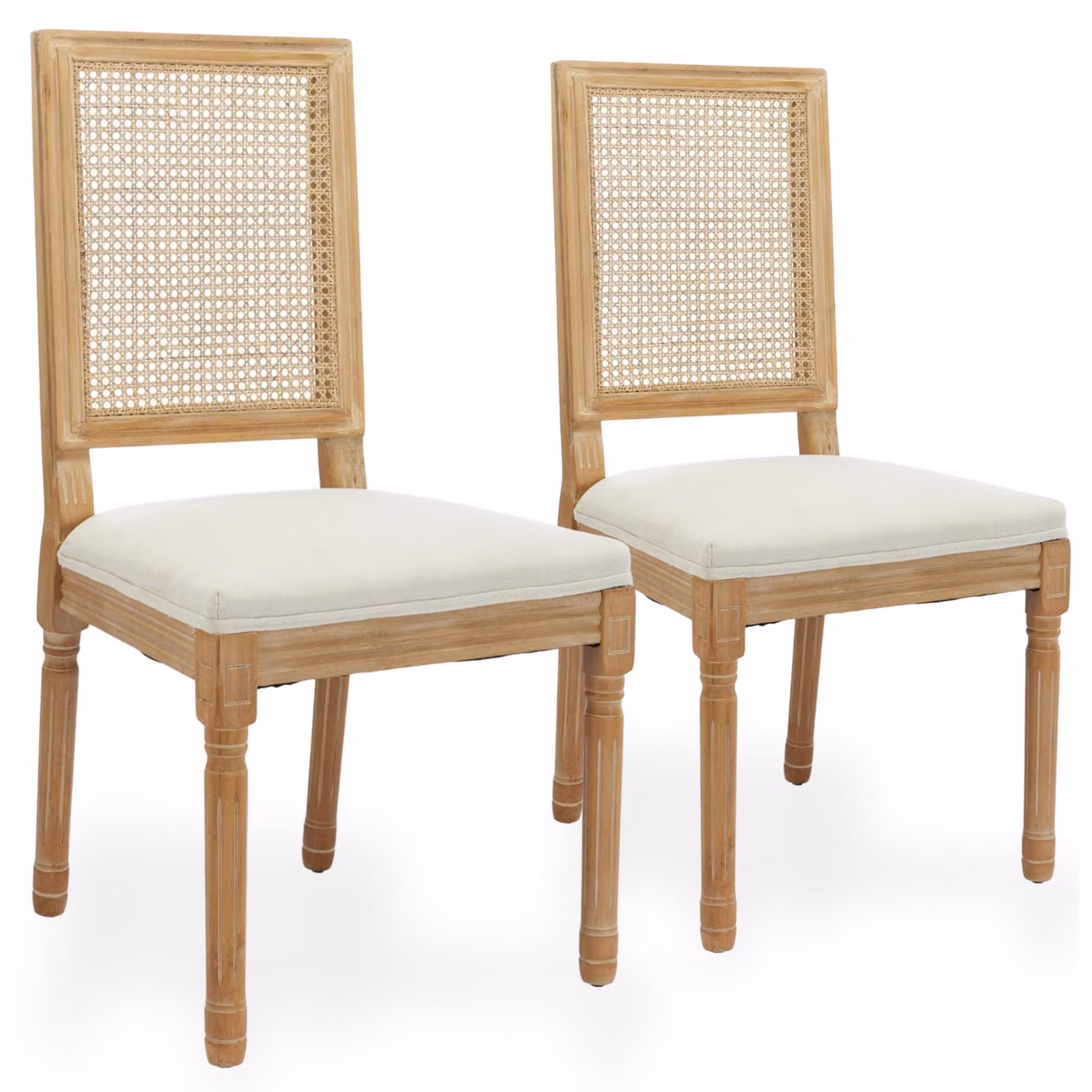 Set di 2 sedie da pranzo in lino, con schienale in rattan e struttura in legno di gomma, color beige