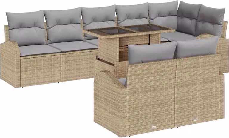 Set Divano da Giardino con cuscino 9 pcs Beige Poly Rattan