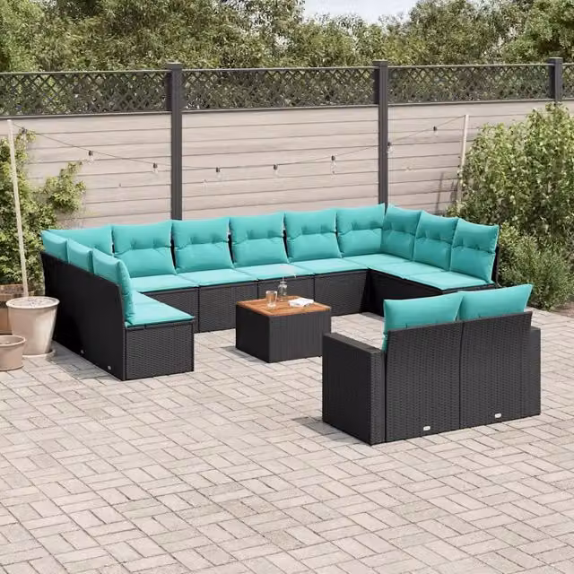 Set di Divani da Giardino a Forma di U vidaXL in Polyrattan Nero con Cuscini e Tavolino da Esterno