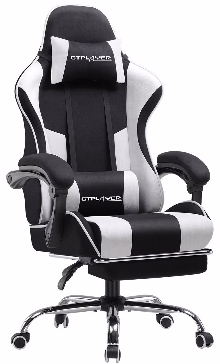 Sedia da gaming - Sedia da ufficio GT800A-FA - Ergonomica - Rivestimento in tessuto - Regolabile in altezza - Poggiapiedi - Poggiatesta e cuscino lombare - 150 kg - Bianco/Nero