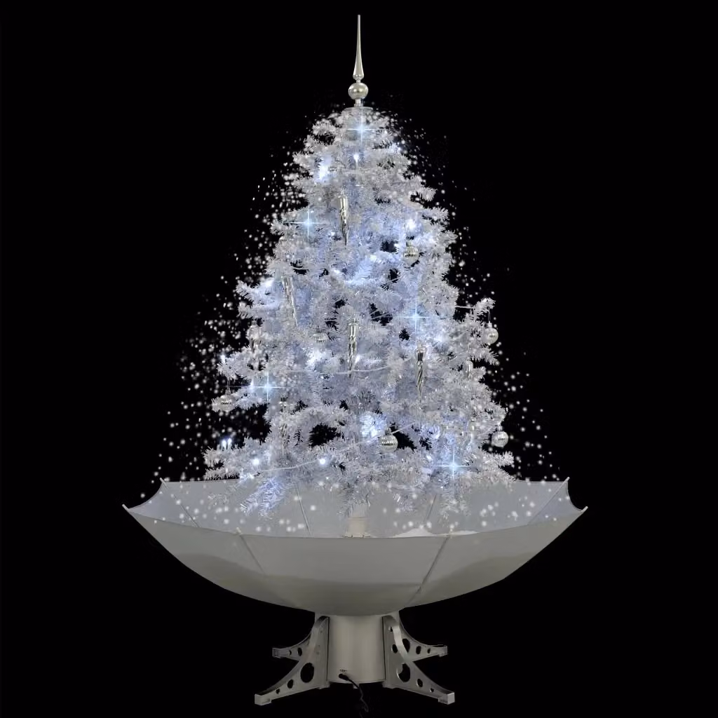 Albero di Natale con Neve e Base a Ombrellone vidaXL, Bianco e Argento, Altezza: 140 cm – 2