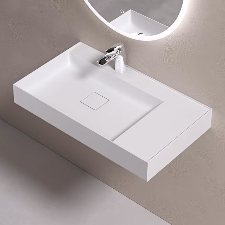 doporro Lavabo Bagno Sospeso 80 cm Rettangolare in Resina Bianco Opaco con Vasca Integrata a Sinistra e Piletta Inclusa Colossum630