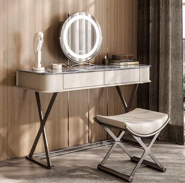 Beiger Schminktisch Design Schlafzimmer Möbel Luxus Holz Schminktische