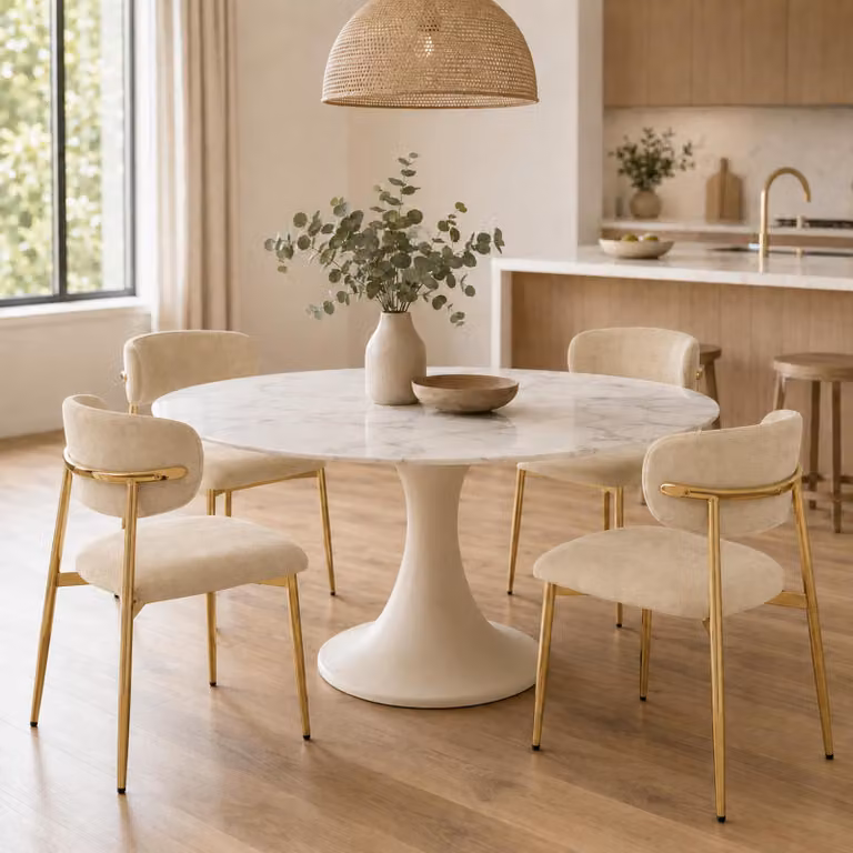 Set di 4 sedie da pranzo Flieks, con struttura dorata regolabile in altezza, imbottite, ideali per la sala da pranzo o la cucina. Dimensioni: 51x50x81 cm. Colore: marrone e oro