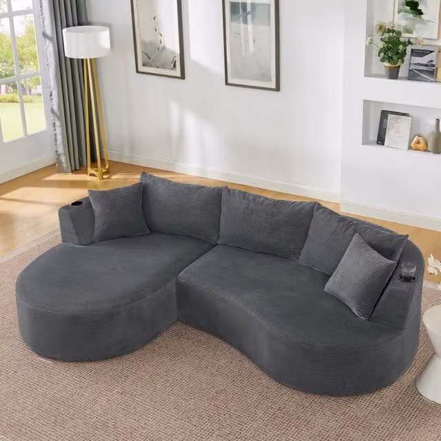 Divano 3 Posti con Chaise Longue Sinistra ¨C MINIMAL ¨C Tessuto a Coste, Grigio, con Cuscini e Portabicchieri