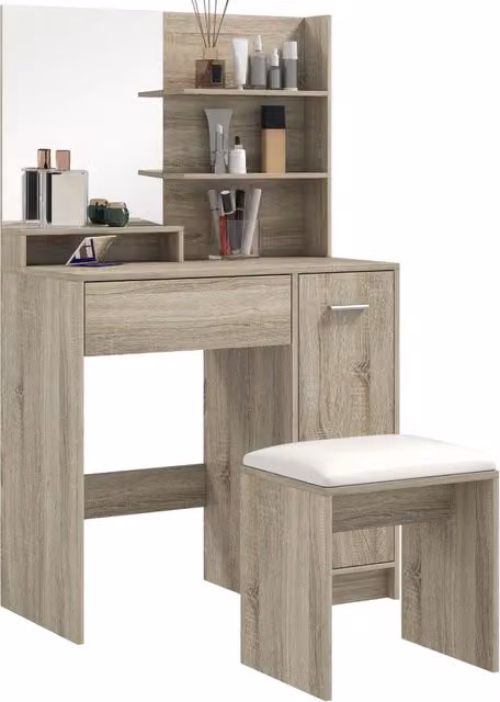 Cassettiera per trucco Zephmum con specchio e sgabello, colore naturale e beige