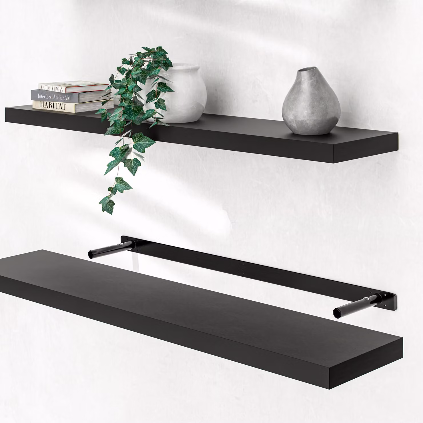 Set di 3 scaffali sospesi moderni Casaria® in MDF nero opaco con staffe – 2