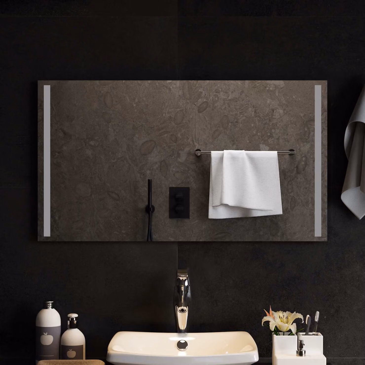 Specchio da bagno moderno vidaXL con illuminazione LED in vetro temperato trasparente, L: 90 cm, H: 50 cm