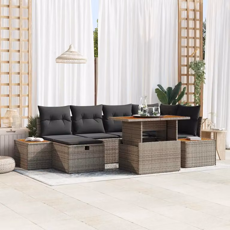 Set Divano da Giardino vidaXL in Polyrattan Grigio con 7 Pezzi e Cuscini Inclusi