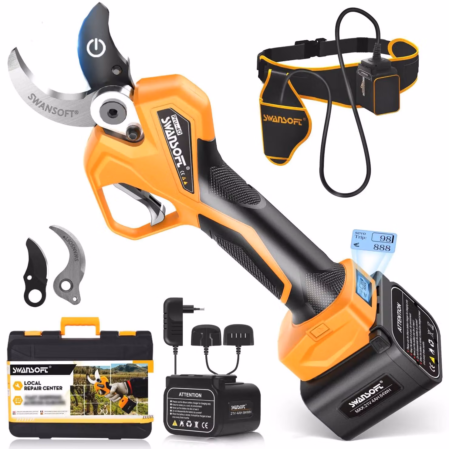 Potatore elettrico, capacità di taglio 0-40 mm, motore brushless da 1050W, batteria da 4Ah