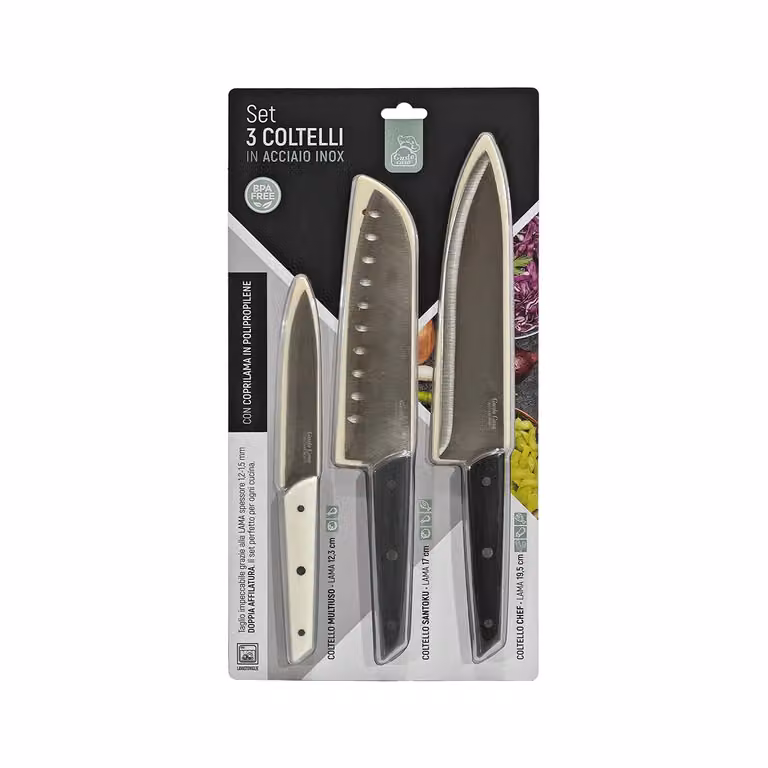 GUSTO CASA Set di 3 Coltelli da Cucina in Acciaio Inox con Coprilama in ABS, Argento, Lavabili in Lavastoviglie