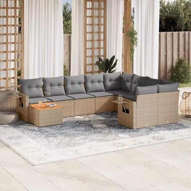 Set Divano da Giardino Moderno VIDAXL in Polyrattan Beige con 10 Pezzi e Cuscini