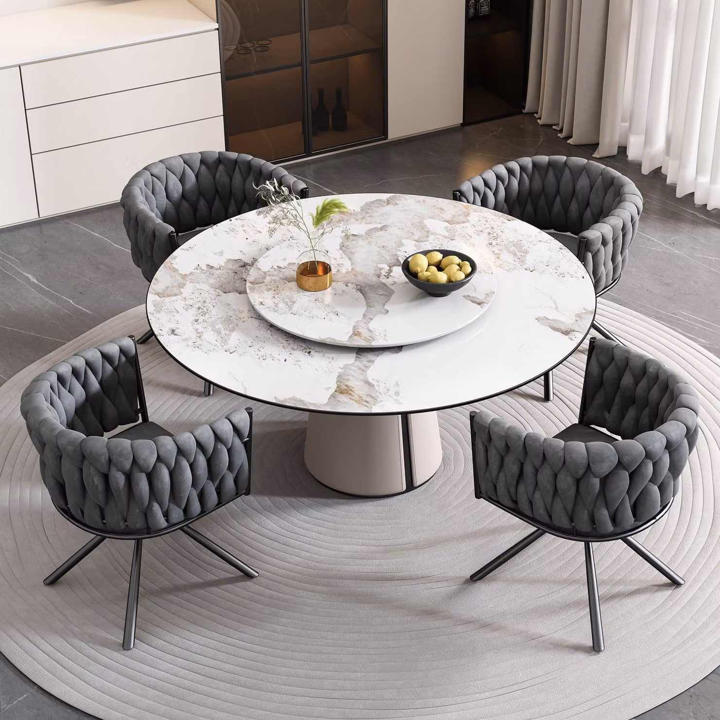 MODFU Sedia da pranzo imbottita (set da 4), girevole a 360°, sedia da salotto con braccioli e gambe in acciaio, sedia da cucina e da trucco, velluto, grigio