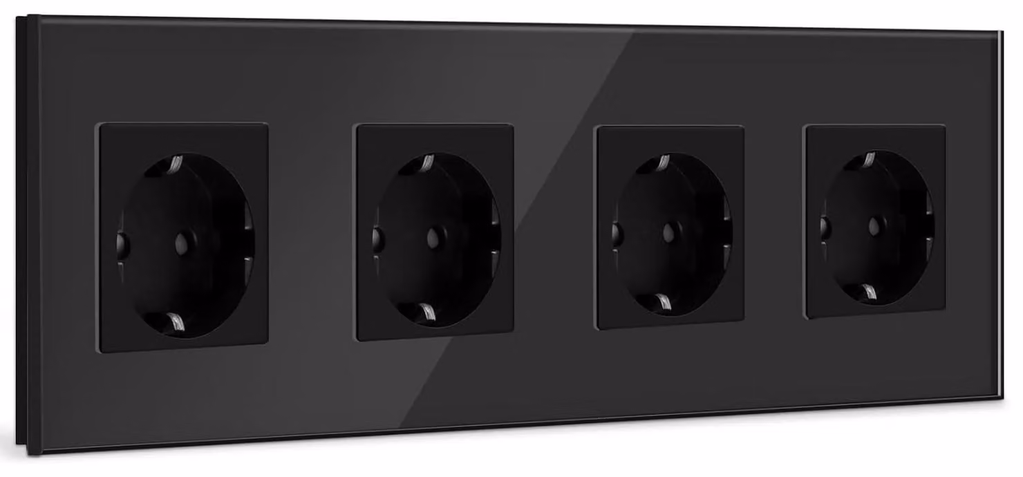 Prese multiple da parete, 299 mm, 4 prese Schuko, 16 A, vetro cristallo, colore nero, per uso domestico