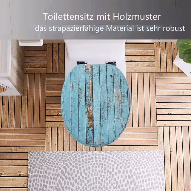 Homseat Copriwater Universale in Legno MDF Effetto Shabby Chic Blu Turchese, Sedile WC con Chiusura Rallentata Soft Close, Portata 190 kg